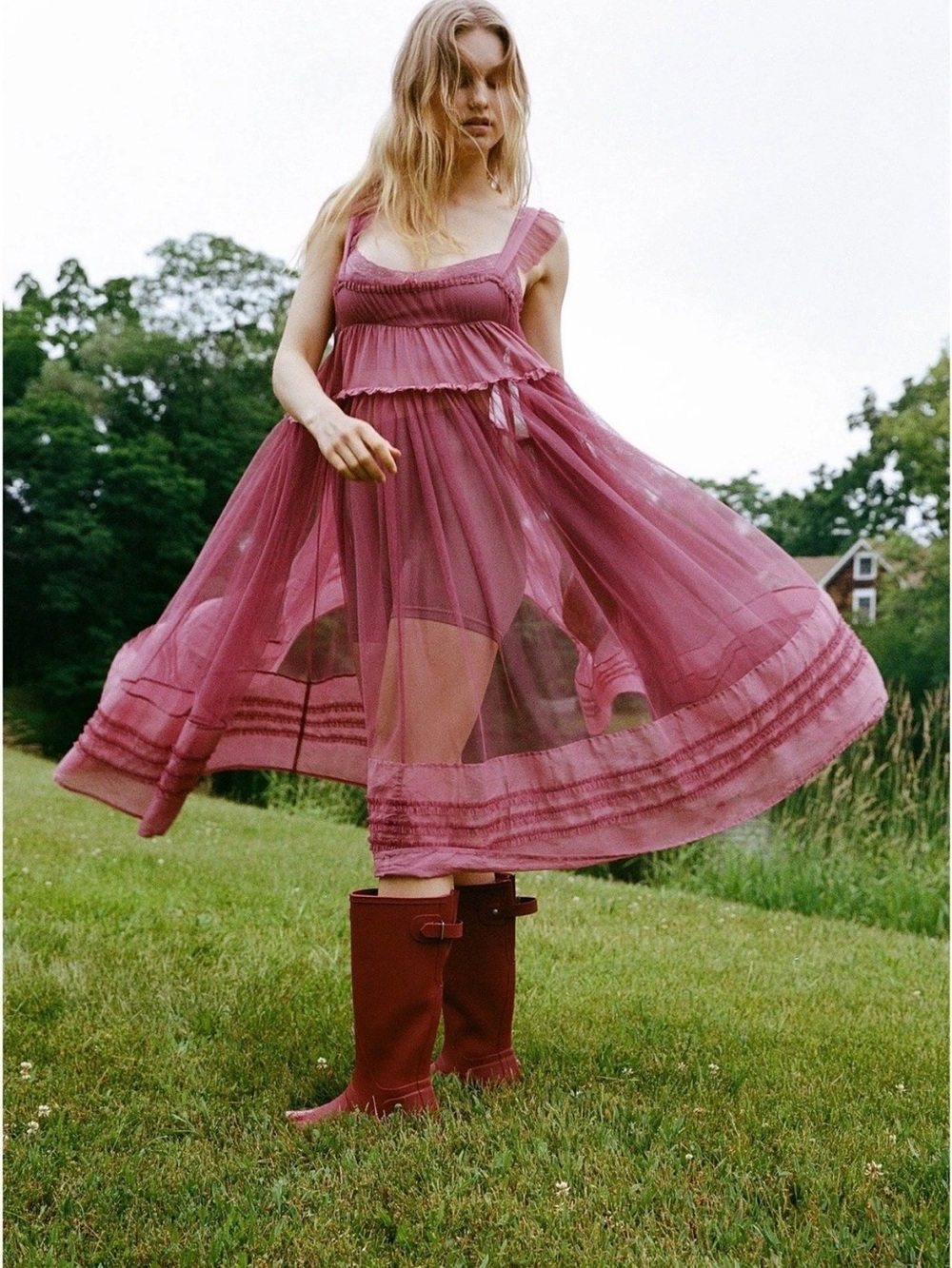 Urban Outfitters Rose Mauve Midi Sheer Tiered Dress
